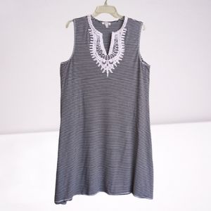 Max Studio Black White Stripe Shift Dress Crochet Lace Yoke Sleeveless